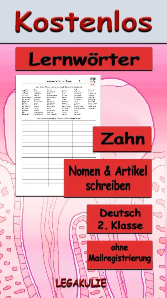 Lernwörter Zähne - Kostenloses Unterrichtsmaterial von Legakulie.info