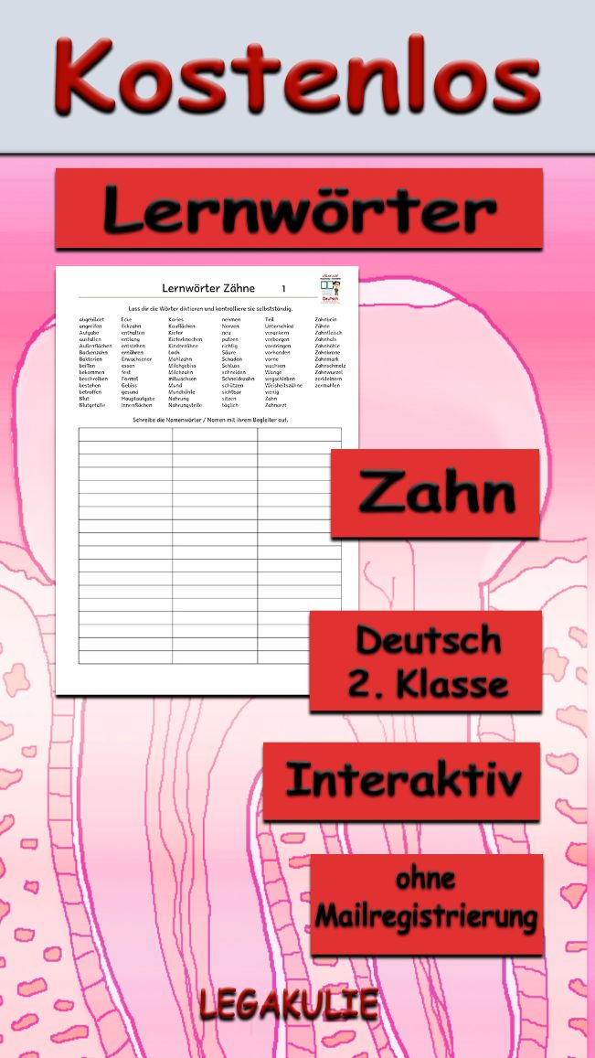Arbeitsblatt Lernwörter Zähne - Kostenloses Unterrichtsmaterial von Legakulie.info
