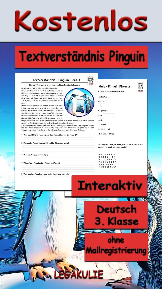 Arbeitsblatt Textverständnis Pinguin - Kostenloses Unterrichtsmaterial von Legakulie.info