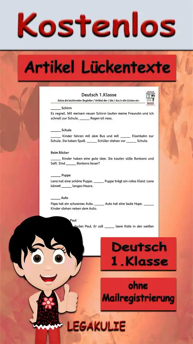 Arbeitsblatt Artikel Lückentexte 1.Klasse - Kostenloses Unterrichtsmaterial von Legakulie.info