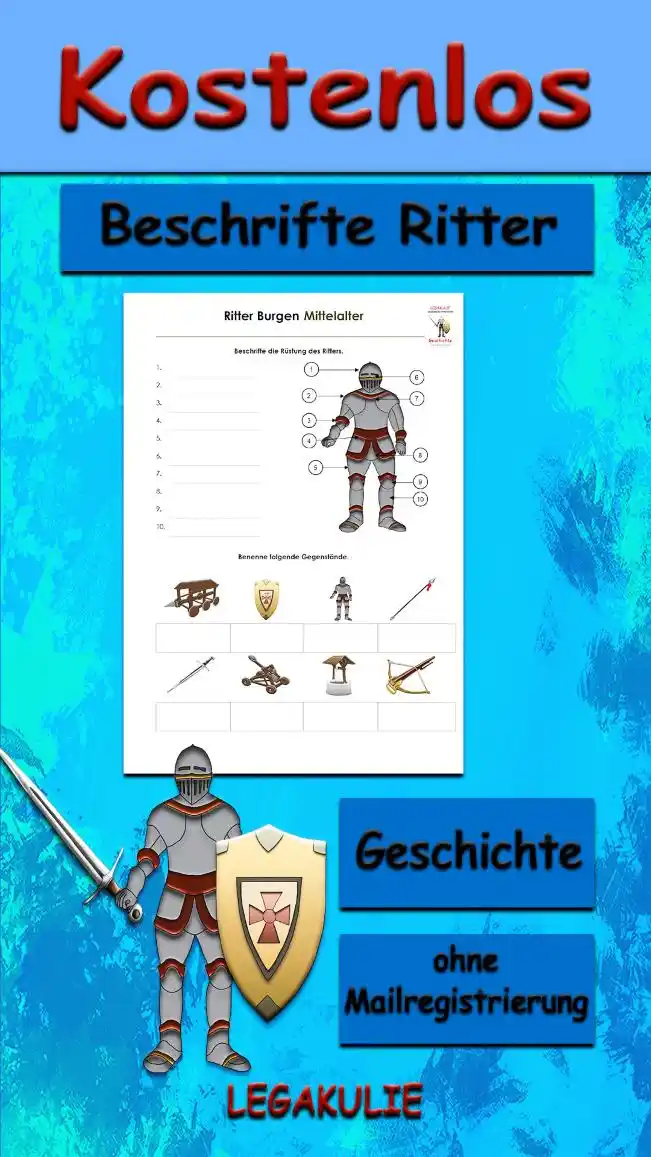 Beschrifte Ritter Waffen Geschichte - Kostenloses Unterrichtsmaterial von Legakulie.info