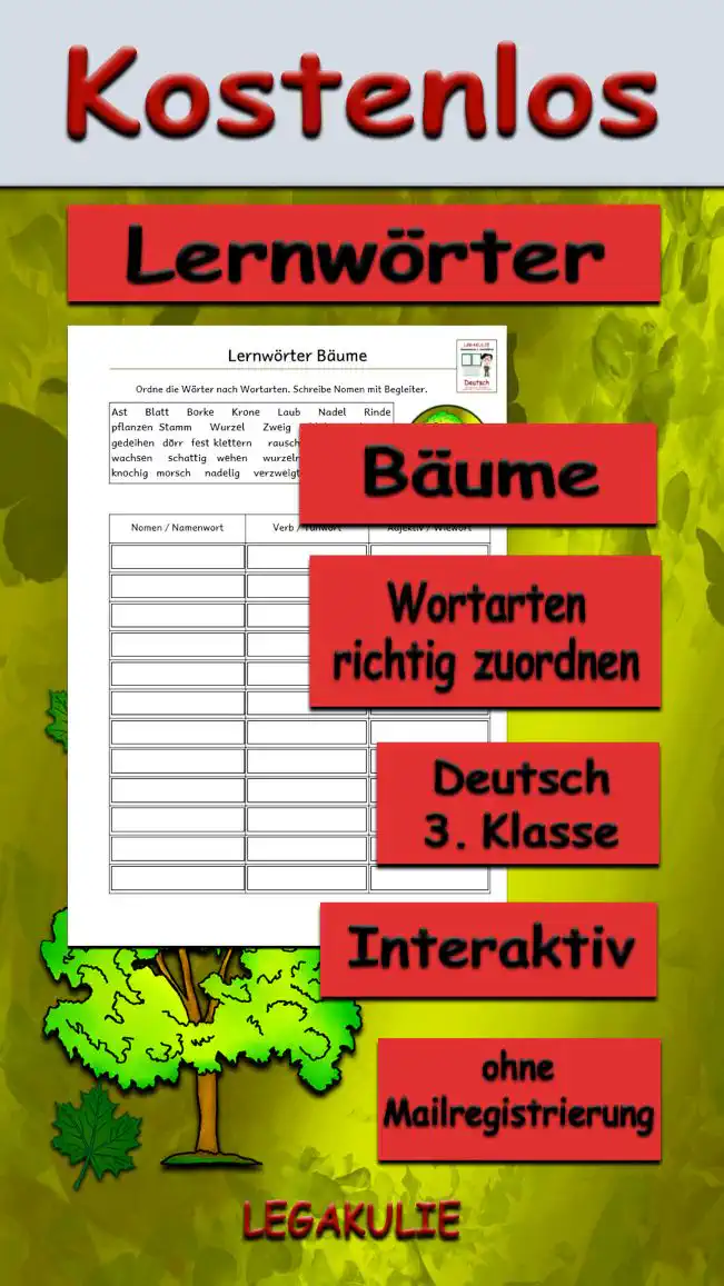 Lernwörter Bäume Deutsch - Kostenlos von Legakulie.info