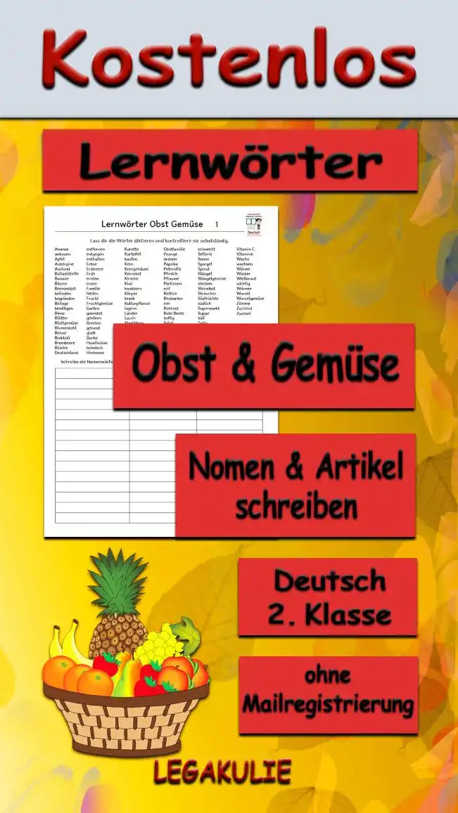 Arbeitsblatt Lernwörter Obst Gemüse - Kostenloses Unterrichtsmaterial von Legakulie.info