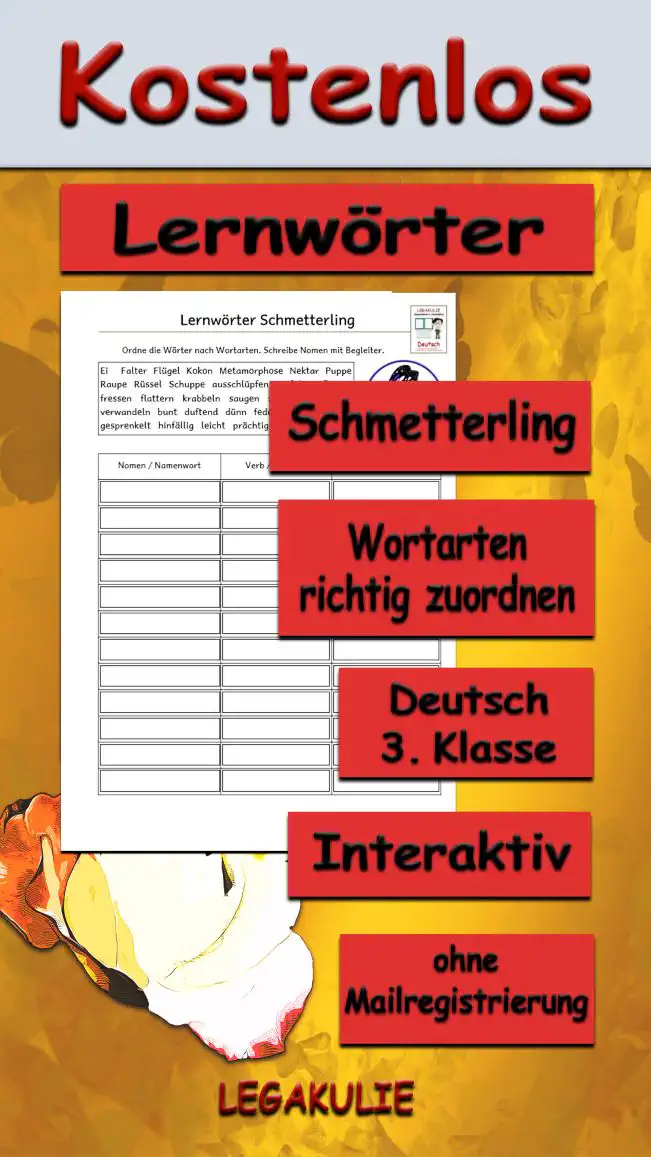 Lernwörter Schmetterling Deutsch - Kostenlos von Legakulie.info