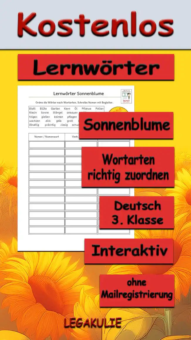 Lernwörter Sonnenblume Deutsch - Kostenlos von Legakulie.info