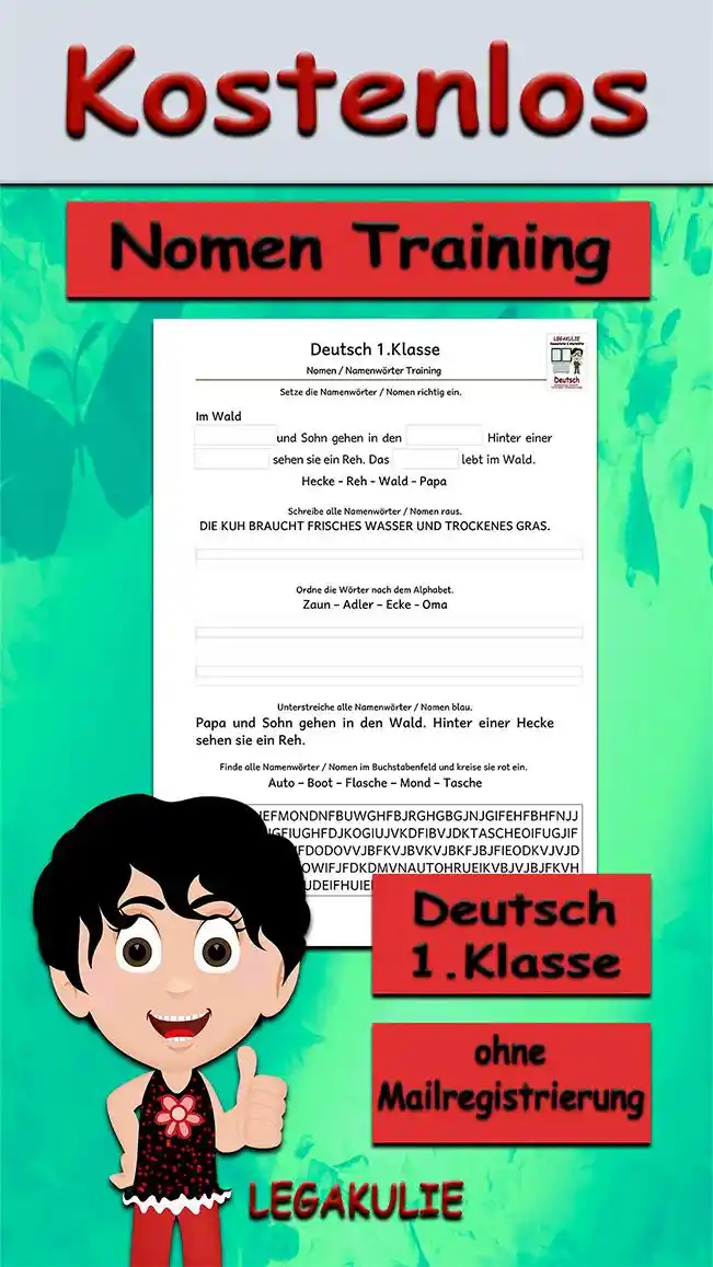 Arbeitsblatt Nomen Training 1.Klasse - Kostenloses Unterrichtsmaterial von Legakulie.info