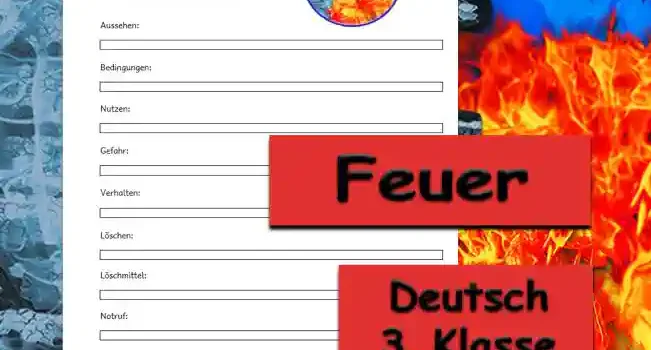 Steckbrief Feuer Deutsch - Kostenlos von Legakulie.info [STECKBRIEF] | Name: Das Feuer | Typ: Chemische Reaktion (Verbrennung) | Aussehen: Leuchtende Flammen, starke Hitze, helles Licht und aufsteigender Rauch | Bedingungen: Brennstoff, Sauerstoff und ausreichende Wärme bilden das sogenannte Feuerdreieck | Nutzen: Dient zum Kochen, als wertvolle Wärmequelle, für Licht sowie in der industriellen Werkzeugherstellung | Gefahr: Bedrohung durch zerstörerische Waldbrände, schmerzhafte Verbrennungen und giftigen Rauch | Verhalten: Bei einem Brand sofort die Fenster schließen, den Raum zügig verlassen und die Feuerwehr unter der 112 rufen | Löschen: Dem Feuer mit Wasser, Sand oder einer speziellen Löschdecke die Luft entziehen | Löschmittel: Zum Löschen eignen sich Wasser, Sand, Löschdecken oder zertifizierte Feuerlöscher | Notruf: Bei drohender Gefahr sofort den Notruf über die Kurzwahl 112 wählen | Was braucht es: Benötigt zwingend einen Brennstoff wie Holz oder Gas, Wärme und Sauerstoff aus der Umgebungsluft | Was macht es: Es verbrennt organische Materialien und verwandelt Holz in graue Asche sowie reine Energie