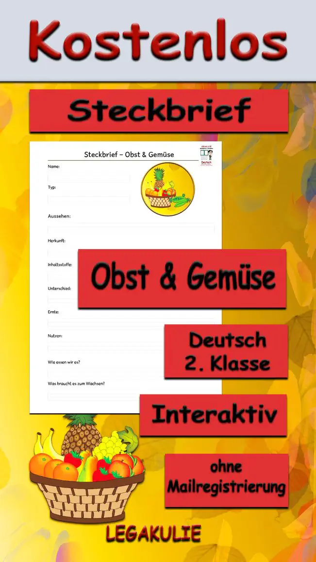 Steckbrief Gemüse Obst Deutsch - Kostenlos von Legakulie.info