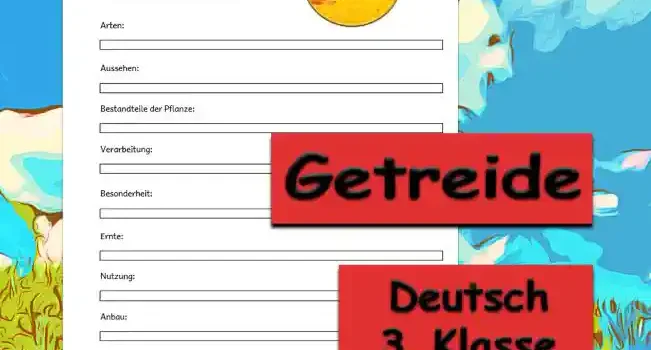 Steckbrief Getreide Deutsch - Kostenlos von Legakulie.info [STECKBRIEF] | Name: Getreide (Süßgräser) | Typ: Unsere wichtigsten Grundnahrungsmittel | Arten: Die bekannten Sorten Weizen, Roggen, Gerste, Hafer, Mais, Reis und Dinkel | Aussehen: Ein langer Halm mit stabiler Wurzel, schmalen Blättern und einer schweren Ähre oder Rispe | Bestandteile der Pflanze: Der Aufbau gliedert sich in Wurzel, Halm, Knoten, Blatt und Ähre | Verarbeitung: In der Mühle werden die geernteten Körner zu feinem Mehl gemahlen | Besonderheit: In der schützenden Ähre sitzen die wertvollen, nahrhaften Körner | Ernte: Erfolgt im Sommer mit dem Mähdrescher, sobald die Halme auf dem Feld golden gefärbt sind | Nutzung: Liefert Mehl für Brot und Nudeln, nahrhafte Flocken für das Müsli oder dient als Tierfutter | Anbau: Der Bauer sät das Getreidekorn im Frühjahr oder Herbst gezielt auf dem Feld beziehungsweise Acker aus | Wie wächst es: Die Pflanze entwickelt sich in Monaten vom winzigen Keimling zur hohen, schweren Ähre | Was liefert es uns: Die biologisch wertvolle Grundlage für unser tägliches Mehl, frisches Brot und Müsli