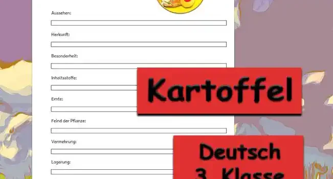 Steckbrief Kartoffel Deutsch - Kostenlos von Legakulie.info [STECKBRIEF] | Name: Die Kartoffel (Erdapfel) | Typ: Nachtschattengewächs | Aussehen: Eine nahrhafte Knolle unter der Erde sowie eine krautige Pflanze mit weißen oder lila Blüten oben | Herkunft: Stammt ursprünglich aus Südamerika aus den Hochebenen der Anden | Besonderheit: Nur die Knollen unter der Erde sind essbar, während das grüne Kraut und die Früchte giftig für Menschen sind | Inhaltsstoffe: Enthält sehr viel Stärke für lang anhaltende Energie sowie wichtige Vitamine | Ernte: Erfolgt im Herbst während der traditionellen Kartoffelferien, sobald das grüne Kraut welk wird | Feind der Pflanze: Der gestreifte Kartoffelkäfer gilt als Schädling und frisst die grünen Blätter ab | Vermehrung: Aus einer im Frühjahr eingepflanzten Mutterkartoffel wachsen im Boden viele neue Tochterkartoffeln heran | Lagerung: Unbedingt dunkel und kühl lagern, damit die Knollen nicht keimen oder durch Licht grün und giftig werden | Wie wächst sie: Aus einer einzigen Mutterkartoffel entwickeln sich unter der Erde viele neue Knollen | Was bewirkt sie: Sie macht als Grundnahrungsmittel lange satt und ist in der Küche extrem vielseitig einsetzbar wie für Pommes oder Püree