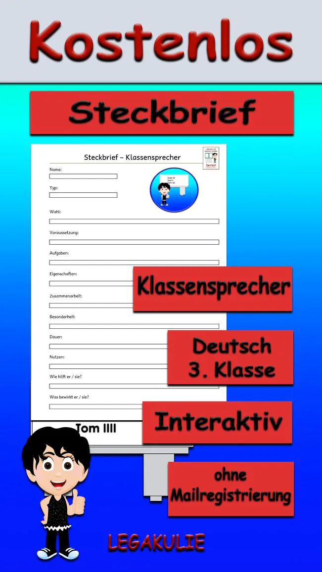 Steckbrief Klassensprecher Deutsch - Kostenlos von Legakulie.info [STECKBRIEF] | Name: Der Klassensprecher beziehungsweise die Klassensprecherin | Typ: Offizieller Vertreter der Interessen aller Schüler einer Klasse | Wahl: Wird vollkommen demokratisch durch alle Kinder der jeweiligen Klasse gewählt | Voraussetzung: Er oder sie braucht das feste Vertrauen der Mehrheit der Klasse, um erfolgreich gewählt zu werden | Aufgaben: Wichtiger Ansprechpartner für Lehrer, Schlichter bei Streit im Pausenhof sowie Leitung vom Klassenrat | Eigenschaften: Sollte im Schulalltag stets mutig, fair, hilfsbereit und ein guter Zuhörer für alle Mitschüler sein | Zusammenarbeit: Er oder sie arbeitet eng mit den Lehrern, Vertrauenslehrern und der Schulleitung zusammen | Besonderheit: Er oder sie darf aktiv an der Schülervertretung (SV) der gesamten Schule teilnehmen | Dauer: Das Amt wird in der Regel für die Dauer von einem Schuljahr gewählt | Nutzen: Sorgt für ein gutes Klassenklima und stärkt die gelebte Mitbestimmung in der Schule | Wie hilft er oder sie: Er vermittelt unparteiisch bei Problemen zwischen den Schülern und den Erwachsenen | Was bewirkt er oder sie: Er gibt den Wünschen und Ideen der Kinder gegenüber der Schulleitung eine starke Stimme