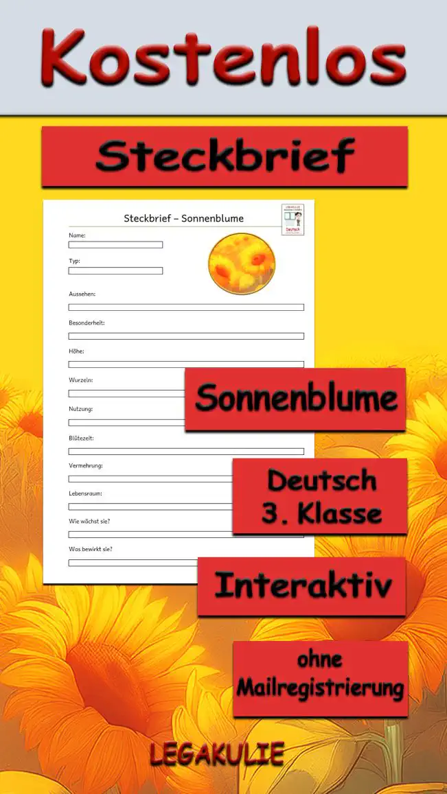 Steckbrief Sonnenblume Deutsch - Kostenlos von Legakulie.info