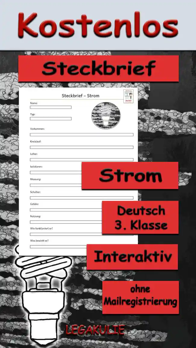 Steckbrief Strom Deutsch - Kostenlos von Legakulie.info [STECKBRIEF] | Name: Elektrischer Strom (Elektrizität) | Typ: Energieform aus fließenden winzigen Elektronen | Vorkommen: Tritt in der Natur bei Blitzen auf oder wird künstlich in Kraftwerken und Batterien erzeugt | Kreislauf: Der Stromkreis muss komplett geschlossen sein, damit angeschlossene Lampen leuchten können | Leiter: Metalle wie Kupfer und Eisen sowie Wasser leiten den elektrischen Strom hervorragend | Isolatoren: Materialien wie Kunststoff, Glas und Gummi leiten keinen Strom und dienen als wichtiger Schutz | Messung: Die Stromstärke wird in Ampere und die elektrische Spannung in Volt gemessen | Schalter: Er öffnet oder schließt den Stromkreis im Alltag ganz gezielt | Gefahr: Stromschläge sind lebensgefährlich, weshalb man niemals an Steckdosen spielen darf | Nutzung: Unverzichtbar für Licht, Computer, den Kühlschrank, Elektroautos und die Heizung | Wie funktioniert er: Er fließt völlig unsichtbar als reine Energie durch Kabel und Leitungen direkt in unser Haus | Was bewirkt er: Er dient als starker Antrieb für all unsere Geräte und bringt helles Licht in die Dunkelheit