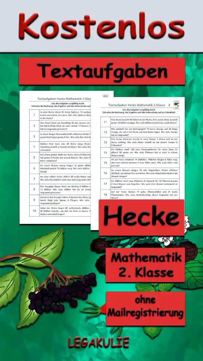 Textaufgaben Hecke Klasse 2 - Kostenloses Unterrichtsmaterial von Legakulie.info