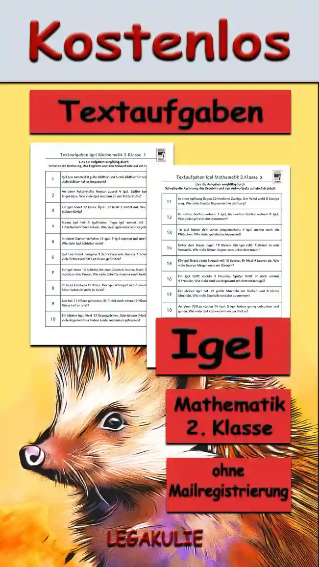 Textaufgaben Igel Klasse 2 - Kostenloses Unterrichtsmaterial von Legakulie.info