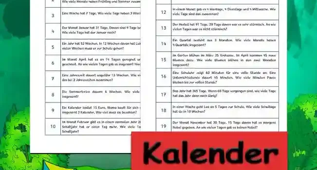 Textaufgaben Kalender Klasse 2 - Kostenloses Unterrichtsmaterial von Legakulie.info