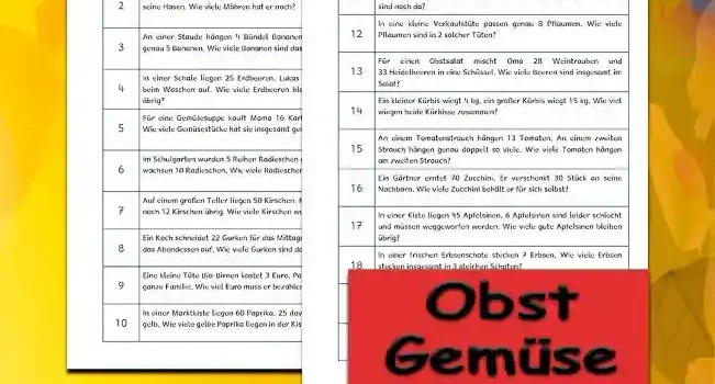 Textaufgaben Gemüse Obst Klasse 2 - Kostenloses Unterrichtsmaterial von Legakulie.info