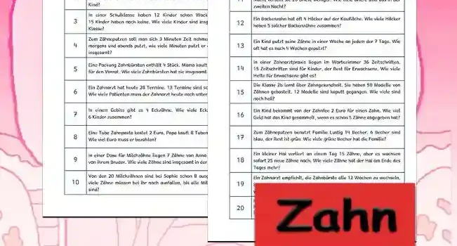 Textaufgaben Zahn Textaufgaben Zahn Klasse 2 - Kostenloses Unterrichtsmaterial von Legakulie.info