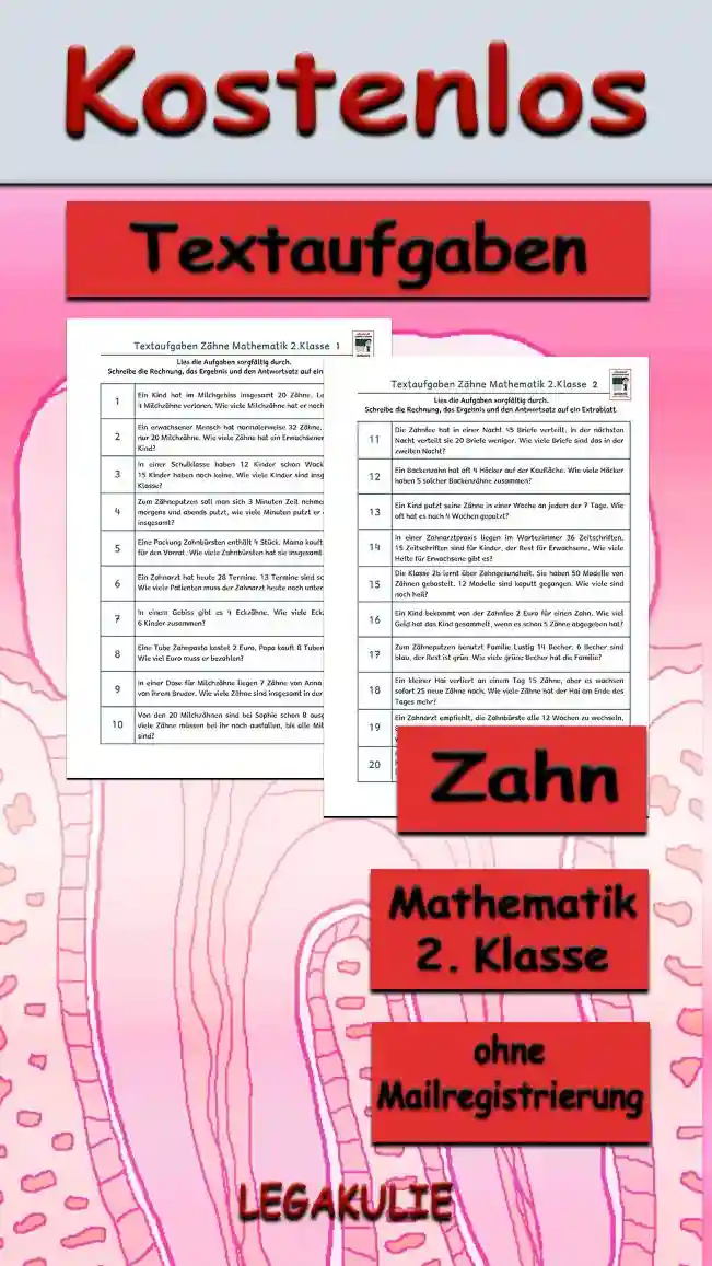 Textaufgaben Zahn Klasse 2 - Kostenloses Unterrichtsmaterial von Legakulie.info