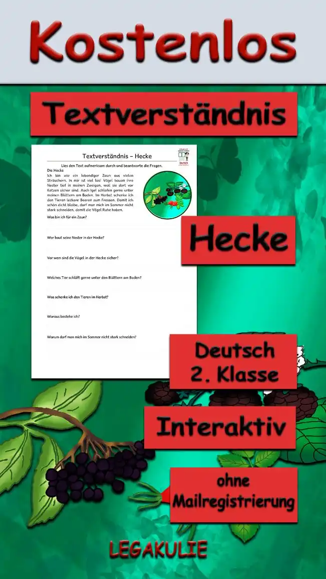 Textverständnis Hecke Deutsch - Kostenloses Unterrichtsmaterial von Legakulie.info