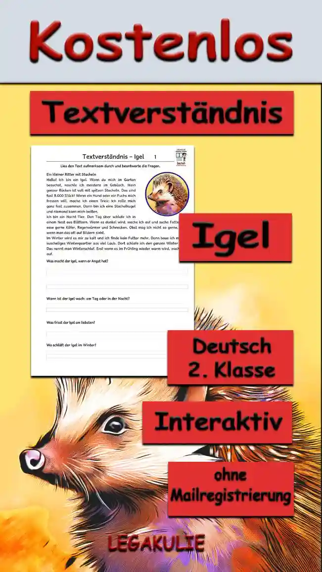 Textverständnis Igel Deutsch - Kostenloses Unterrichtsmaterial von Legakulie.info