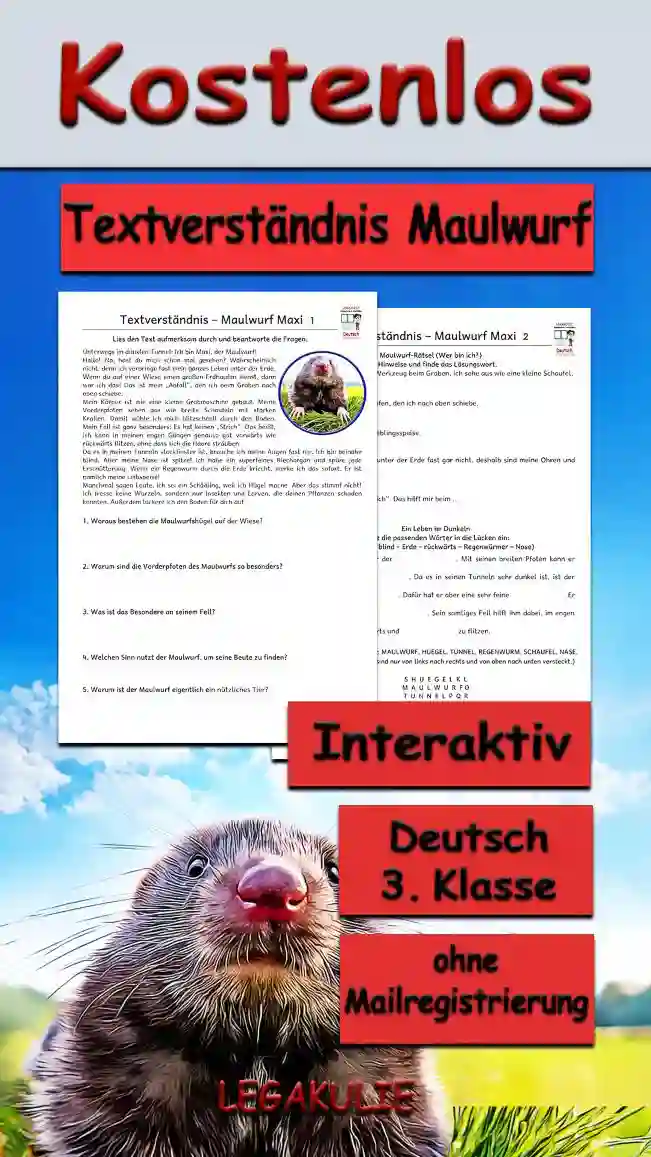 Textverständnis Maulwurf Deutsch - Kostenloses Unterrichtsmaterial von Legakulie.info