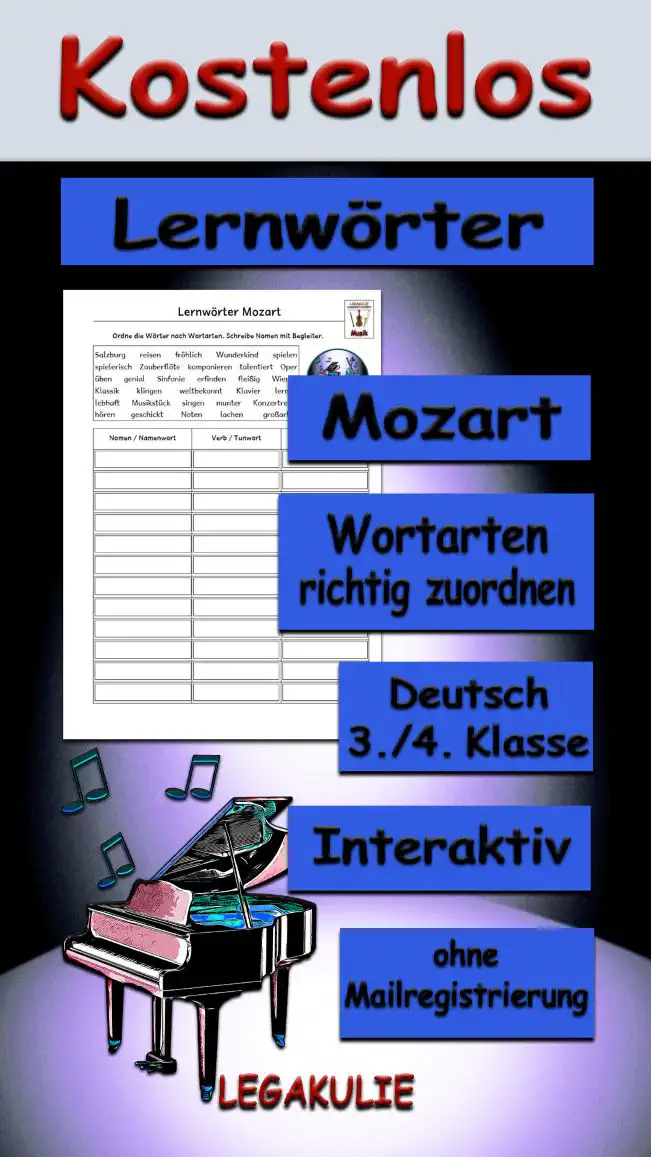 Lernwörter Mozart 3./4.Klasse Musik - Kostenlos von Legakulie.info