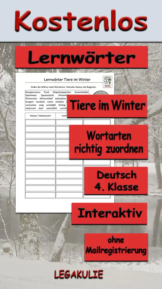 Lernwörter Tiere im Winter 4.Klasse Deutsch - Kostenlos von Legakulie.info