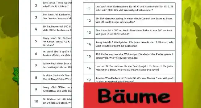 Textaufgaben Bäume Klasse 3 - Kostenlos von Legakulie.info