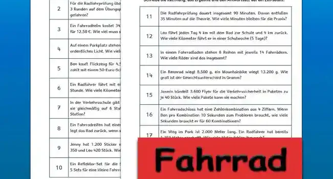 Textaufgaben Fahrrad im Winter Klasse 4 - Kostenlos von Legakulie.info [TEXTAUFGABEN] | Das Fahrrad – 20 Textaufgaben (Master-Lösung für Lehrer) | 1. Ein neues Mountainbike kostet 450 €. Leo spart jeden Monat 50 €. Wie viele Monate muss er sparen, bis er das Rad kaufen kann? | Rechnung: 450 : 50 = 9 | Lösung: Er muss 9 Monate sparen. | 2. Für die Radfahrprüfung üben 24 Kinder einer Klasse. Jedes Kind fährt 3 Runden auf dem Übungsplatz. Wie viele Runden werden insgesamt gefahren? | Rechnung: 24 • 3 = 72 | Lösung: Es werden insgesamt 72 Runden gefahren. | 3. Ein Fahrradhelm kostet 34,90 €. Jenny kauft dazu noch ein Schloss für 12,50 €. Wie viel muss sie insgesamt bezahlen? | Rechnung: 34.90 + 12.50 = 47.40 | Lösung: Sie muss insgesamt 47,40 € bezahlen. | 4. Auf einem Parkplatz stehen 120 Fahrräder. Ein Drittel davon hat kein ordentliches Licht. Wie viele Fahrräder sind das? | Rechnung: 120 : 3 = 40 | Lösung: Das sind 40 Fahrräder. | 5. Ben kauft Flickzeug für 4,50 € und eine Luftpumpe für 15,20 €. Er zahlt mit einem 50-Euro-Schein. Wie viel Wechselgeld bekommt er? | Rechnung: 50.00 - (4.50 + 15.20) = 30.30 | Lösung: Er bekommt 30,30 € Wechselgeld. | 6. Ein Radfahrer fährt mit einer Geschwindigkeit von 15 km in einer Stunde. Wie viele Kilometer schafft er in 4 Stunden? | Rechnung: 4 • 15 = 60 | Lösung: Er schafft 60 Kilometer in 4 Stunden. | 7. In der Verkehrsschule gibt es 180 Fragebögen. Die Lehrerin verteilt sie gleichmäßig auf 6 Stationen. Wie viele Bögen liegen an jeder Station? | Rechnung: 180 : 6 = 30 | Lösung: An jeder Station liegen 30 Bögen. | 8. Ein Fahrradreifen hat einen Umfang von 2 Metern. Wie viele Meter legt das Rad zurück, wenn sich der Reifen 50-mal dreht? | Rechnung: 50 • 2 = 100 | Lösung: Das Rad legt 100 Meter zurück. | 9. Jenny hat 1.200 Sticker mit Verkehrszeichen. Sie schenkt Jasmin 350 und Leo 420 Stück. Wie viele Sticker behält Jenny für sich? | Rechnung: 1200 - 350 - 420 = 430 | Lösung: Jenny behält 430 Sticker für sich. | 10. Ein Reflektor-Set für die Speichen kostet 6,80 €. Wie viel kosten 5 Sets für eine kleine Fahrradgruppe? | Rechnung: 5 • 6.80 = 34.00 | Lösung: 5 Sets kosten 34,00 €. | 11. Die Radfahrprüfung dauert insgesamt 90 Minuten. Davon entfallen 35 Minuten auf die Theorie. Wie viele Minuten bleiben für die Praxis? | Rechnung: 90 - 35 = 55 | Lösung: Es bleiben 55 Minuten für die Praxis. | 12. Leo fährt jeden Tag 4 km mit dem Rad zur Schule und 4 km zurück. Wie viele Kilometer fährt er in einer Schulwoche (5 Tage)? | Rechnung: 8 • 5 = 40 | Lösung: Er fährt 40 Kilometer in einer Woche. | 13. In einem Fahrradladen stehen 8 Reihen mit jeweils 14 Fahrrädern. Wie viele Räder sind das insgesamt? | Rechnung: 8 • 14 = 112 | Lösung: Das sind insgesamt 112 Räder. | 14. Ein Rennrad wiegt 8.500 g, ein Mountainbike wiegt 13.200 g. Wie groß ist der Gewichtsunterschied in Gramm? | Rechnung: 13200 - 8500 = 4700 | Lösung: Der Gewichtsunterschied beträgt 4.700 Gramm. | 15. Jasmin bündelt 3.600 Flyer für die Verkehrssicherheit in Paketen zu je 40 Stück. Wie viele Pakete kann sie machen? | Rechnung: 3600 : 40 = 90 | Lösung: Sie kann 90 Pakete machen. | 16. Ein Fahrradschloss hat eine Zahlenkombination aus 4 Ziffern. Wenn Ben pro Kombination 10 Sekunden zum Probieren braucht, wie viele Sekunden braucht er für 60 Kombinationen? | Rechnung: 60 • 10 = 600 | Lösung: Er braucht 600 Sekunden. | 17. Ein Weg im Park ist 2.000 Meter lang. Ein Radfahrer hat bereits 1.350 Meter geschafft. Wie viele Meter fehlen ihm noch? | Rechnung: 2000 - 1350 = 650 | Lösung: Ihm fehlen noch 650 Meter. | 18. Ben kauft 6 neue Klingeln für je 7,50 €. Wie viel Geld gibt er insgesamt aus? | Rechnung: 6 • 7.50 = 45.00 | Lösung: Er gibt insgesamt 45,00 € aus. | 19. Eine Fahrradkette besteht aus 114 Gliedern. Leo hat die Kette um 6 Glieder gekürzt. Wie viele Glieder hat die Kette jetzt noch? | Rechnung: 114 - 6 = 108 | Lösung: Die Kette hat noch 108 Glieder. | 20. In einem Lager liegen 5.000 Speichenreflektoren. 1.250 werden an eine Grundschule geschickt und 2.100 an einen Sportverein. Wie viele Reflektoren sind noch da? | Rechnung: 5000 - 1250 - 2100 = 1650 | Lösung: Es sind noch 1.650 Reflektoren da.