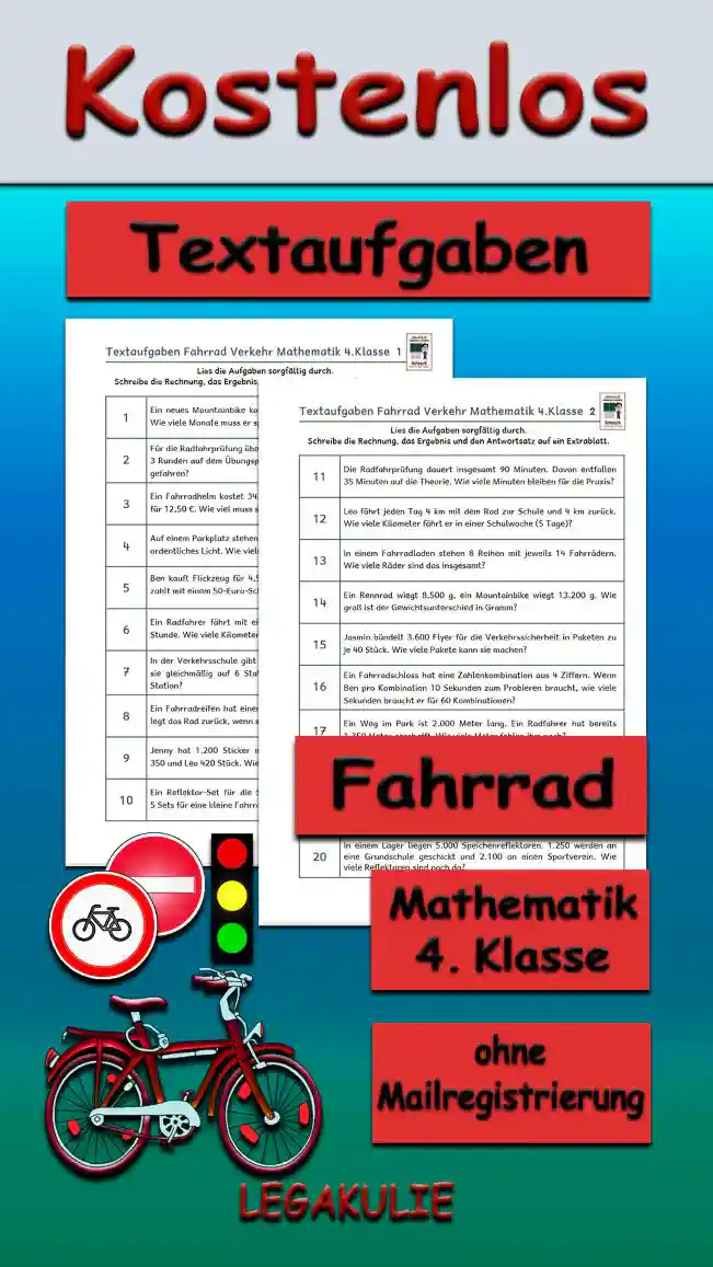 Textaufgaben Fahrrad im Winter Klasse 4 - Kostenlos von Legakulie.info [TEXTAUFGABEN] | Das Fahrrad – 20 Textaufgaben (Master-Lösung für Lehrer) | 1. Ein neues Mountainbike kostet 450 €. Leo spart jeden Monat 50 €. Wie viele Monate muss er sparen, bis er das Rad kaufen kann? | Rechnung: 450 : 50 = 9 | Lösung: Er muss 9 Monate sparen. | 2. Für die Radfahrprüfung üben 24 Kinder einer Klasse. Jedes Kind fährt 3 Runden auf dem Übungsplatz. Wie viele Runden werden insgesamt gefahren? | Rechnung: 24 • 3 = 72 | Lösung: Es werden insgesamt 72 Runden gefahren. | 3. Ein Fahrradhelm kostet 34,90 €. Jenny kauft dazu noch ein Schloss für 12,50 €. Wie viel muss sie insgesamt bezahlen? | Rechnung: 34.90 + 12.50 = 47.40 | Lösung: Sie muss insgesamt 47,40 € bezahlen. | 4. Auf einem Parkplatz stehen 120 Fahrräder. Ein Drittel davon hat kein ordentliches Licht. Wie viele Fahrräder sind das? | Rechnung: 120 : 3 = 40 | Lösung: Das sind 40 Fahrräder. | 5. Ben kauft Flickzeug für 4,50 € und eine Luftpumpe für 15,20 €. Er zahlt mit einem 50-Euro-Schein. Wie viel Wechselgeld bekommt er? | Rechnung: 50.00 - (4.50 + 15.20) = 30.30 | Lösung: Er bekommt 30,30 € Wechselgeld. | 6. Ein Radfahrer fährt mit einer Geschwindigkeit von 15 km in einer Stunde. Wie viele Kilometer schafft er in 4 Stunden? | Rechnung: 4 • 15 = 60 | Lösung: Er schafft 60 Kilometer in 4 Stunden. | 7. In der Verkehrsschule gibt es 180 Fragebögen. Die Lehrerin verteilt sie gleichmäßig auf 6 Stationen. Wie viele Bögen liegen an jeder Station? | Rechnung: 180 : 6 = 30 | Lösung: An jeder Station liegen 30 Bögen. | 8. Ein Fahrradreifen hat einen Umfang von 2 Metern. Wie viele Meter legt das Rad zurück, wenn sich der Reifen 50-mal dreht? | Rechnung: 50 • 2 = 100 | Lösung: Das Rad legt 100 Meter zurück. | 9. Jenny hat 1.200 Sticker mit Verkehrszeichen. Sie schenkt Jasmin 350 und Leo 420 Stück. Wie viele Sticker behält Jenny für sich? | Rechnung: 1200 - 350 - 420 = 430 | Lösung: Jenny behält 430 Sticker für sich. | 10. Ein Reflektor-Set für die Speichen kostet 6,80 €. Wie viel kosten 5 Sets für eine kleine Fahrradgruppe? | Rechnung: 5 • 6.80 = 34.00 | Lösung: 5 Sets kosten 34,00 €. | 11. Die Radfahrprüfung dauert insgesamt 90 Minuten. Davon entfallen 35 Minuten auf die Theorie. Wie viele Minuten bleiben für die Praxis? | Rechnung: 90 - 35 = 55 | Lösung: Es bleiben 55 Minuten für die Praxis. | 12. Leo fährt jeden Tag 4 km mit dem Rad zur Schule und 4 km zurück. Wie viele Kilometer fährt er in einer Schulwoche (5 Tage)? | Rechnung: 8 • 5 = 40 | Lösung: Er fährt 40 Kilometer in einer Woche. | 13. In einem Fahrradladen stehen 8 Reihen mit jeweils 14 Fahrrädern. Wie viele Räder sind das insgesamt? | Rechnung: 8 • 14 = 112 | Lösung: Das sind insgesamt 112 Räder. | 14. Ein Rennrad wiegt 8.500 g, ein Mountainbike wiegt 13.200 g. Wie groß ist der Gewichtsunterschied in Gramm? | Rechnung: 13200 - 8500 = 4700 | Lösung: Der Gewichtsunterschied beträgt 4.700 Gramm. | 15. Jasmin bündelt 3.600 Flyer für die Verkehrssicherheit in Paketen zu je 40 Stück. Wie viele Pakete kann sie machen? | Rechnung: 3600 : 40 = 90 | Lösung: Sie kann 90 Pakete machen. | 16. Ein Fahrradschloss hat eine Zahlenkombination aus 4 Ziffern. Wenn Ben pro Kombination 10 Sekunden zum Probieren braucht, wie viele Sekunden braucht er für 60 Kombinationen? | Rechnung: 60 • 10 = 600 | Lösung: Er braucht 600 Sekunden. | 17. Ein Weg im Park ist 2.000 Meter lang. Ein Radfahrer hat bereits 1.350 Meter geschafft. Wie viele Meter fehlen ihm noch? | Rechnung: 2000 - 1350 = 650 | Lösung: Ihm fehlen noch 650 Meter. | 18. Ben kauft 6 neue Klingeln für je 7,50 €. Wie viel Geld gibt er insgesamt aus? | Rechnung: 6 • 7.50 = 45.00 | Lösung: Er gibt insgesamt 45,00 € aus. | 19. Eine Fahrradkette besteht aus 114 Gliedern. Leo hat die Kette um 6 Glieder gekürzt. Wie viele Glieder hat die Kette jetzt noch? | Rechnung: 114 - 6 = 108 | Lösung: Die Kette hat noch 108 Glieder. | 20. In einem Lager liegen 5.000 Speichenreflektoren. 1.250 werden an eine Grundschule geschickt und 2.100 an einen Sportverein. Wie viele Reflektoren sind noch da? | Rechnung: 5000 - 1250 - 2100 = 1650 | Lösung: Es sind noch 1.650 Reflektoren da.