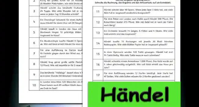 Textaufgaben Händel 3./4.Klasse Musik - Kostenlos von Legakulie.info