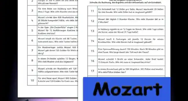 Textaufgaben Mozart 3./4.Klasse Musik - Kostenlos von Legakulie.info