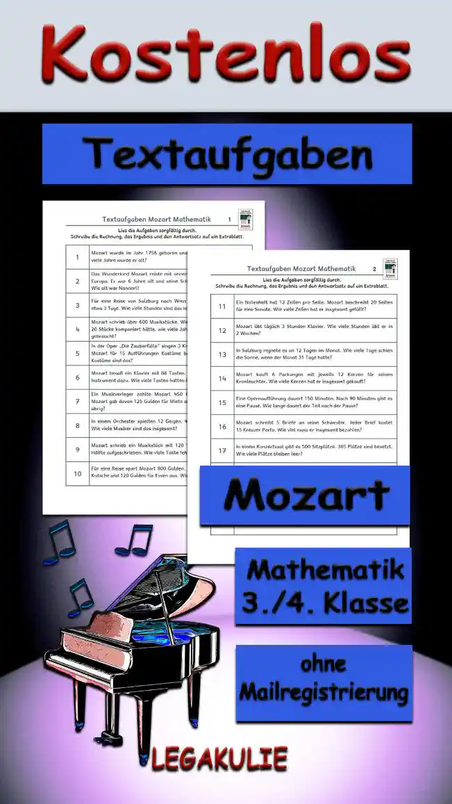 Textaufgaben Mozart 3./4.Klasse Musik - Kostenlos von Legakulie.info