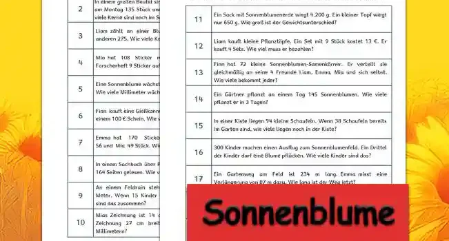 Textaufgaben Sonnenblume Textaufgaben Sonnenblume Klasse 3 - Kostenlos von Legakulie.info