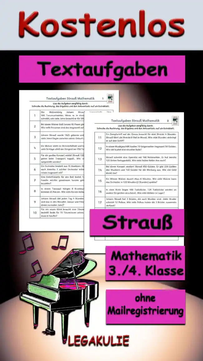 Textaufgaben Strauß 3./4.Klasse Musik - Kostenlos von Legakulie.info [TEXTAUFGABEN] | Johann Strauß – 20 Textaufgaben (Master-Lösung für Lehrer) | 1. Der Walzerkönig Johann Strauß komponierte über 500 Tanzmusikwerke. Wenn er in einem Jahr genau 25 Walzer schreibt, wie viele Jahre braucht er für 500 Werke? | Rechnung: 500 : 25 = 20 | Lösung: Er braucht dafür insgesamt 20 Jahre. | 2. Bei einem Wiener Ball tanzen 45 Paare gleichzeitig den Donauwalzer. Wie viele Personen sind das insgesamt auf der Tanzfläche? | Rechnung: 45 • 2 = 90 | Lösung: Insgesamt sind 90 Personen auf der Tanzfläche. | 3. Johann Strauß wurde 1825 geboren und starb im Jahr 1899. Wie viele Jahre liegen zwischen seiner Geburt und seinem Tod? | Rechnung: 1899 - 1825 = 74 | Lösung: Johann Strauß wurde insgesamt 74 Jahre alt. | 4. Ein Walzer steht im Dreivierteltakt und hat 3 Schläge pro Takt. Wie viele Schläge zählt der Dirigent bei 150 Takten? | Rechnung: 150 • 3 = 450 | Lösung: Der Dirigent zählt insgesamt 450 Schläge. | 5. Für ein großes Konzert mietet Strauß 120 goldene Stühle. 15 Stühle gehen beim Transport kaputt. Wie viele heile Stühle können aufgestellt werden? | Rechnung: 120 - 15 = 105 | Lösung: Es können noch 105 heile Stühle aufgestellt werden. | 6. Ein Orchester besteht aus 35 Musikern. Strauß möchte für eine Reise nach Amerika 3 solcher Orchester mitnehmen. Wie viele Musiker reisen insgesamt mit? | Rechnung: 3 • 35 = 105 | Lösung: Insgesamt reisen 105 Musiker mit nach Amerika. | 7. Eine Eintrittskarte für den Ball kostet 12 Gulden. Eine vierköpfige Familie möchte gemeinsam tanzen gehen. Wie viel müssen sie bezahlen? | Rechnung: 4 • 12 = 48 | Lösung: Die Familie muss insgesamt 48 Gulden bezahlen. | 8. In einem Tanzsaal hängen 8 Kronleuchter. An jedem Leuchter brennen 25 Kerzen. Wie viele Kerzen beleuchten den Saal insgesamt? | Rechnung: 8 • 25 = 200 | Lösung: Insgesamt beleuchten 200 Kerzen den Saal. | 9. Johann Strauß übt jeden Tag 4 Stunden Geige. Wie viele Stunden sind das in den Monaten Januar und Februar zusammen (59 Tage in einem normalen Jahr)? | Rechnung: 59 • 4 = 236 | Lösung: Er übt insgesamt 236 Stunden in diesen zwei Monaten. | 10. Für ein neues Kleid braucht eine Tänzerin 6 Meter Seide. Strauß bestellt Seide für 15 Tänzerinnen seines Ensembles. Wie viel Stoff muss er kaufen? | Rechnung: 15 • 6 = 90 | Lösung: Er muss insgesamt 90 Meter Seide kaufen. | 11. Ein Dampfschiff auf der Donau braucht für eine Strecke 4 Stunden. Strauß fährt die Strecke 8 Mal im Monat. Wie viele Stunden verbringt er auf dem Schiff? | Rechnung: 8 • 4 = 32 | Lösung: Er verbringt insgesamt 32 Stunden auf dem Schiff. | 12. In einem Musikgeschäft kosten 10 Geigensaiten insgesamt 50 Gulden. Wie viel kostet eine einzelne Saite? | Rechnung: 50 : 10 = 5 | Lösung: Eine einzelne Geigensaite kostet 5 Gulden. | 13. Strauß schreibt eine Operette mit 180 Notenseiten. Er hat bereits 125 Seiten fertiggestellt. Wie viele Seiten fehlen ihm noch? | Rechnung: 180 - 125 = 55 | Lösung: Ihm fehlen noch genau 55 Seiten. | 14. Bei einem Konzert verdient Strauß 850 Gulden. Er gibt 230 Gulden den Musikern und 150 Gulden für die Werbung aus. Wie viel Geld bleibt ihm? | Rechnung: 850 - 230 - 150 = 470 | Lösung: Ihm bleiben insgesamt 470 Gulden übrig. | 15. Ein Wiener Walzer dauert etwa 8 Minuten. Wie viele Walzer kann das Orchester in 120 Minuten (2 Stunden) spielen? | Rechnung: 120 : 8 = 15 | Lösung: Das Orchester kann in dieser Zeit 15 Walzer spielen. | 16. In einer Kiste liegen 400 Taktstöcke. 128 Taktstöcke werden an andere Dirigenten verschenkt. Wie viele bleiben im Lager? | Rechnung: 400 - 128 = 272 | Lösung: Es bleiben 272 Taktstöcke im Lager übrig. | 17. Johann Strauß hat 3 Brüder, die auch Musiker sind. Jeder Bruder schreibt 12 Polkas. Wie viele Polkas haben die 3 Brüder zusammen verfasst? | Rechnung: 3 • 12 = 36 | Lösung: Die Brüder haben zusammen 36 Polkas verfasst. | 18. Für eine Reise nach Russland spart Strauß 900 Gulden. Er gibt 455 Gulden für die Fahrt aus. Wie viel Geld hat er noch für Hotels übrig? | Rechnung: 900 - 455 = 445 | Lösung: Er hat noch 445 Gulden für Hotels übrig. | 19. Ein Notenblatt hat 15 Zeilen. Strauß schreibt für einen Walzer 40 Blätter voll. Wie viele Zeilen hat er insgesamt beschrieben? | Rechnung: 40 • 15 = 600 | Lösung: Er hat insgesamt 600 Zeilen beschrieben. | 20. In einem Konzertsaal gibt es 800 Plätze. Ein Viertel der Plätze ist für Ehrengäste reserviert. Wie viele Plätze sind das? | Rechnung: 800 : 4 = 200 | Lösung: Es sind 200 Plätze für Ehrengäste reserviert.