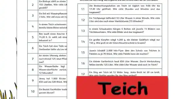 Textaufgaben Teich Textaufgaben Teich im Winter Klasse 4 - Kostenlos von Legakulie.info