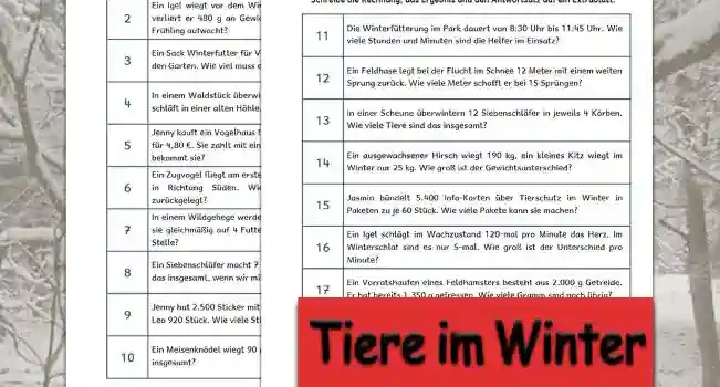 Textaufgaben Tiere im Winter Klasse 4 - Kostenlos von Legakulie.info