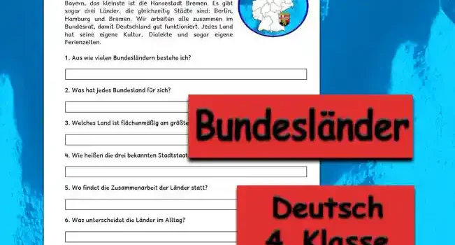 Textverständnis Bundesländer Textverständnis Bundesländer 4.Klasse Deutsch - Kostenlos von Legakulie.info Die Bundesländer Ich bin Deutschland, aber ich bestehe aus 16 Teilen – den Bundesländern. Jedes von uns hat eine eigene Hauptstadt und eine eigene Regierung. Das größte Land nach Fläche ist Bayern, das kleinste ist die Hansestadt Bremen. Es gibt sogar drei Länder, die gleichzeitig Städte sind: Berlin, Hamburg und Bremen. Wir arbeiten alle zusammen im Bundesrat, damit Deutschland gut funktioniert. Jedes Land hat seine eigene Kultur, Dialekte und sogar eigene Ferienzeiten. Aus wie vielen Bundesländern bestehe ich? Deutschland besteht aus insgesamt 16 Bundesländern. Was hat jedes Bundesland für sich? Jedes Land hat eine eigene Hauptstadt. Welches Land ist flächenmäßig am größten? Das flächenmäßig größte Bundesland ist Bayern. Wie heißen die drei bekannten Stadtstaaten? Sie heißen Berlin, Hamburg und Bremen. Wo findet die Zusammenarbeit der Länder statt? Sie arbeiten gemeinsam im deutschen Bundesrat. Was unterscheidet die Länder im Alltag? Sie haben Dialekte und eigene Ferienzeiten. Welches ist das kleinste Bundesland heute? Das kleinste Bundesland ist die Hansestadt.