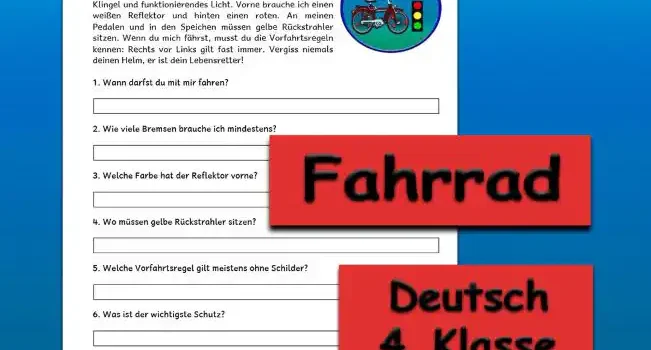 Textverständnis Fahrrad 4.Klasse Deutsch - Kostenlos von Legakulie.info [SACHTEXT] | Fahrrad | Sicher im Straßenverkehr unterwegs zu sein, erfordert ein „verkehrssicher“ ausgestattetes Fahrzeug. Ich benötige zwei voneinander unabhängige Bremsen, eine helltönende Klingel und funktionierendes Licht. Vorne brauche ich einen weißen Reflektor und hinten einen roten. An meinen Pedalen und in den Speichen müssen gelbe Rückstrahler sitzen. Wenn du mich fährst, musst du die Vorfahrtsregeln kennen: Rechts vor Links gilt fast immer. Vergiss niemals deinen Helm, er ist dein Lebensretter! || [FRAGEN UND LÖSUNGEN] | 1. Wann darfst du mit mir fahren? | Lösung: Wenn ich „verkehrssicher“ ausgestattet bin. | 2. Wie viele Bremsen brauche ich mindestens? | Lösung: Ich brauche zwei voneinander unabhängige Bremsen. | 3. Welche Farbe hat der Reflektor vorne? | Lösung: Vorne am Fahrrad ist ein weißer Reflektor angebracht. | 4. Wo müssen gelbe Rückstrahler sitzen? | Lösung: Gelbe Rückstrahler müssen an den Pedalen und in den Speichen sitzen. | 5. Welche Vorfahrtsregel gilt meistens ohne Schilder? | Lösung: Es gilt fast immer die Verkehrsregel Rechts vor Links. | 6. Was ist der wichtigste Schutz? | Lösung: Der Helm ist dein wichtigster Schutz und Lebensretter. | 7. Wie muss meine Klingel laut klingen? | Lösung: Die Klingel muss laut Gesetz helltönend klingen.
