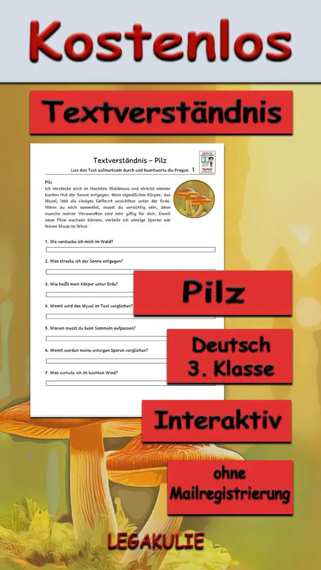Textverständnis Pilz 3.Klasse Deutsch - Kostenlos von Legakulie.info