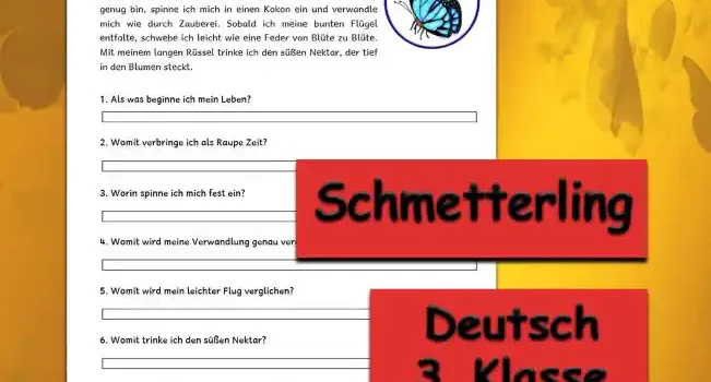 Textverständnis Schmetterling 3.Klasse Deutsch - Kostenlos von Legakulie.info [SACHTEXT] | Schmetterling | Ich beginne mein Leben als kleine Raupe, die sich ununterbrochen durch grüne Blätter frisst. Wenn ich groß genug bin, spinne ich mich in einen Kokon ein und verwandle mich wie durch Zauberei. Sobald ich meine bunten Flügel entfalte, schwebe ich leicht wie eine Feder von Blüte zu Blüte. Mit meinem langen Rüssel trinke ich den süßen Nektar, der tief in den Blumen steckt. || [FRAGEN UND LÖSUNGEN] | 1. Als was beginne ich mein Leben? | Lösung: Ich beginne mein Leben als eine kleine Raupe. | 2. Womit verbringe ich als Raupe Zeit? | Lösung: Ich fresse ununterbrochen viele grüne Blätter. | 3. Worin spinne ich mich fest ein? | Lösung: Wenn ich groß genug bin, spinne ich mich in einen Kokon ein. | 4. Womit wird meine Verwandlung genau verglichen? | Lösung: Die Verwandlung im Kokon wird im Text mit Zauberei verglichen. | 5. Womit wird mein leichter Flug verglichen? | Lösung: Ich schwebe leicht wie eine Feder von Blüte zu Blüte. | 6. Womit trinke ich den süßen Nektar? | Lösung: Ich trinke den süßen Nektar der Blumen mit einem langen Rüssel. | 7. Was entfalte ich nach der Verwandlung? | Lösung: Nach der Verwandlung entfalte ich meine bunten Flügel.