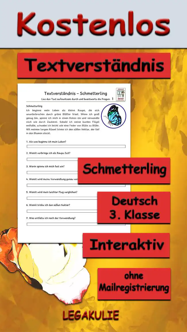 Textverständnis Schmetterling 3.Klasse Deutsch - Kostenlos von Legakulie.info