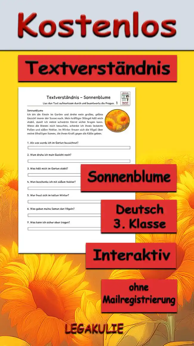 Textverständnis Sonnenblume 3.Klasse Deutsch - Kostenlos von Legakulie.info
