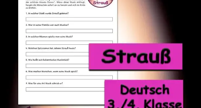 Textverständnis Strauß 3./4.Klasse Musik - Kostenlos von Legakulie.info [SACHTEXT] | Johann Strauß | „Darf ich bitten?“ Ich, Johann Strauß, wurde in Wien geboren. Mein Vater war auch ein berühmter Musiker, aber ich wollte noch erfolgreicher werden. Überall in den prachtvollen Tanzsälen spielten die Orchester meine Melodien. Wegen meiner vielen Tanzmusik nennt man mich heute den „Walzerkönig“. Mein bekanntestes Stück ist „An der schönen blauen Donau“. Wenn diese Musik erklingt, fangen die Menschen sofort an zu tanzen und sich im Kreis zu drehen. || [FRAGEN UND LÖSUNGEN] | 1. In welcher Stadt wurde Strauß geboren? | Lösung: Er wurde in der Stadt Wien geboren. | 2. Wer in seiner Familie war auch Musiker? | Lösung: Sein Vater war auch ein berühmter Musiker. | 3. In welchen Räumen spielte man seine Musik? | Lösung: Man spielte sie in den prachtvollen Tanzsälen. | 4. Welchen Spitznamen hat Johann Strauß heute? | Lösung: Man nennt ihn heute den „Walzerkönig“. | 5. Wie heißt sein bekanntestes Musikstück? | Lösung: Es heißt „An der schönen blauen Donau“. | 6. Was machen Menschen, wenn seine Musik spielt? | Lösung: Die Menschen fangen sofort an zu tanzen und sich im Kreis zu drehen. | 7. Was für eine Art Musik schrieb er? | Lösung: Er schrieb vor allem viel Tanzmusik.