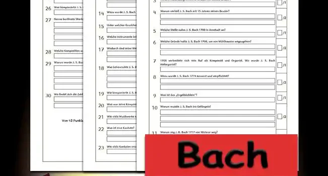 Klassenarbeit Bach 3./4.Klasse Musik - Kostenlos von Legakulie.info [KLASSENARBEIT] | Johann Sebastian Bach – Klassenarbeit (Master-Lösung für Lehrer) | 1. Wer war Johann Sebastian Bach? | Lösung: Er war ein deutscher Komponist und ein Orgel- und Klaviervirtuose des Barock. | 2. Wann und wo wurde Johann Sebastian Bach geboren? | Lösung: Er wurde am 21. März 1685 in Eisenach geboren. | 3. Welche Ausbildung erhielt J. S. Bach bei seinem Bruder? | Lösung: Er wurde zum Organisten ausgebildet. | 4. Warum verließ J. S. Bach mit 15 Jahren seinen Bruder? | Lösung: Er verließ ihn, um in das Internat in Lüneburg einzutreten, welches Jungen mit guter Stimme unentgeltlich aufnahm. | 5. Welche Stelle nahm J. S. Bach 1700 in Arnstadt an? | Lösung: Er nahm eine Stelle als Organist an. | 6. Welche Gründe hatte J. S. Bach 1708, um von Mühlhausen wegzugehen? | Lösung: Das moderne Orgelspiel gefiel dem Pastor nicht und J. S. Bach erhielt in Weimar das Angebot, Hoforganist zu werden. | 7. 1708 verbreitete sich sein Ruf als Komponist und Organist. Wo wurde J. S. Bach Hoforganist? | Lösung: Er wurde in Weimar Hoforganist. | 8. Wozu wurde J. S. Bach 1714 ernannt und verpflichtet? | Lösung: Er wurde zum Konzertmeister ernannt und zum Dienst der Komposition neuer Kantaten für den Gottesdienst verpflichtet. | 9. Was ist das „Orgelbüchlein“? | Lösung: Es ist eine Sammlung von Choralvorspielen. | 10. Warum musste J. S. Bach ins Gefängnis? | Lösung: Er musste in Weimar ins Gefängnis, weil er sich weigerte, seinem Auftraggeber treu zu dienen. Er unterschrieb einen Vertrag als Hofkapellmeister des Fürsten Leopold von Anhalt-Köthen, hatte aber vorher nicht um seine Entlassung in Weimar gebeten. | 11. Warum zog J. S. Bach 1717 von Weimar weg? | Lösung: J. S. Bach dachte, er würde die Stelle des ihm vorgesetzten verstorbenen Kapellmeisters erhalten, was aber nicht der Fall war. Er war enttäuscht und sah sich nach einer anderen Stelle um. | 12. Welche zwei berühmten Werke hat J. S. Bach in Köthen komponiert? | Lösung: Das waren „die 6 Brandenburgischen Konzerte“ und „das wohltemperierte Klavier“. | 13. 1723 wurde J. S. Bach Thomaskantor und Musikdirektor aller Kirchen in Leipzig. Was gehörte zu seinen Pflichten? | Lösung: Zu seinen Pflichten gehörte, dass er jeden Sonntag ein kirchenmusikalisches Werk zu vorgegebenen Bibeltexten aufführen musste. | 14. Wozu wurde J. S. Bach 1736 ernannt? | Lösung: Er wurde zum „Churfürstlich-sächsischen Hofkompositeur“ ernannt. | 15. Unter welcher Krankheit litt J. S. Bach in seinen späten Jahren? | Lösung: Er litt am Star und erblindete. | 16. Welche Instrumente beherrschte J. S. Bach? | Lösung: Er beherrschte das Cembalo, die Geige, die Orgel und das Klavier. | 17. Wodurch sind seine Werke gekennzeichnet? | Lösung: Sie sind von dynamischer Melodik sowie einem hohen Maß an Ausdruck und Harmonie gekennzeichnet. | 18. Was beherrschte J. S. Bach alles? | Lösung: Er beherrschte alle musikalischen Ausdrucksmöglichkeiten seiner Zeit mit Ausnahme der Oper und setzte für jede weitere Entwicklung der Musik Ordnungen und Anregungen. | 19. Wie komponierte J. S. Bach? | Lösung: Er tüftelte viel und seine Werke folgen bestimmten Gesetzen. | 20. Was war seine Komposition, die gedruckt wurde? | Lösung: Das war die Kantate „Gott ist mein König“. | 21. Wie viele Musikwerke schuf J. S. Bach? | Lösung: Er schuf über 1000 Musikwerke. | 22. Was ist eine Kantate? | Lösung: Cantare heißt singen. Sie ist ein Werk für Gesang mit Instrumentalbegleitung und besteht aus Chorälen, Chorsätzen und Arien. | 23. Wie viele Kantaten erschuf J. S. Bach? | Lösung: Er erschuf etwa 30 Kantaten. | 24. Für wen komponierte J. S. Bach? | Lösung: Er komponierte für Ensembles, für Soloinstrumente und zudem Kirchenkantaten. | 25. Wie viele Brandenburgische Konzerte komponierte J. S. Bach? | Lösung: Er komponierte 6 Stück. | 26. Was komponierte J. S. Bach nicht? | Lösung: Er komponierte keine Opern. | 27. Nenne berühmte Werke von J. S. Bach! | Lösung: Die Matthäus-Passion, die Johannes-Passion, die h-moll-Messe, das Weihnachts-Oratorium, das wohltemperierte Klavier, die Kunst der Fuge und die Brandenburgischen Konzerte. | 28. Welche Komposition war eine besondere Spezialität von J. S. Bach? | Lösung: Die Komposition von Fugen. | 29. Warum wurde J. S. Bach oft als Meister der Fuge bezeichnet? | Lösung: Der Komponist, J. S. Bach machte sich den Spaß oder setzte sich zumindest die Aufgabe, mehrere Stimmen in gleichzeitigem Wettstreit miteinander antreten zu lassen. Zur gleichen Zeit erklingen verschiedene Rhythmen und Töne und jede Stimme ist voneinander unabhängig. | 30. Wo findet sich die Zahl 14 bei J. S. Bach? | Lösung: Sie findet sich in einer ganzen Reihe von J. S. Bachs Kompositionen, dem Bachpokal und auf dem Haußmann-Portrait.