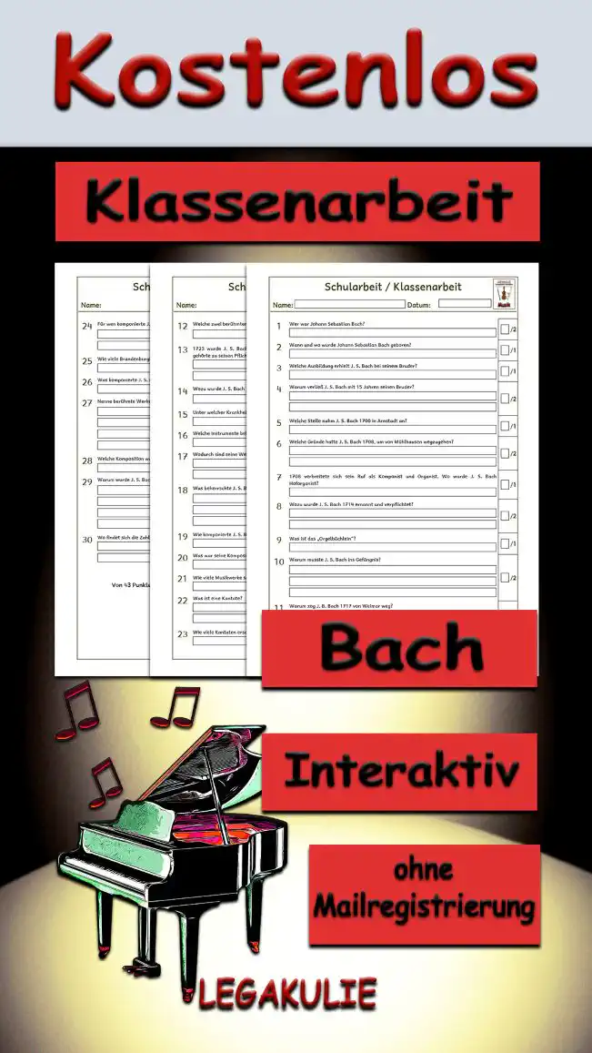 Klassenarbeit Bach 3./4.Klasse Musik - Kostenlos von Legakulie.info [KLASSENARBEIT] | Johann Sebastian Bach – Klassenarbeit (Master-Lösung für Lehrer) | 1. Wer war Johann Sebastian Bach? | Lösung: Er war ein deutscher Komponist und ein Orgel- und Klaviervirtuose des Barock. | 2. Wann und wo wurde Johann Sebastian Bach geboren? | Lösung: Er wurde am 21. März 1685 in Eisenach geboren. | 3. Welche Ausbildung erhielt J. S. Bach bei seinem Bruder? | Lösung: Er wurde zum Organisten ausgebildet. | 4. Warum verließ J. S. Bach mit 15 Jahren seinen Bruder? | Lösung: Er verließ ihn, um in das Internat in Lüneburg einzutreten, welches Jungen mit guter Stimme unentgeltlich aufnahm. | 5. Welche Stelle nahm J. S. Bach 1700 in Arnstadt an? | Lösung: Er nahm eine Stelle als Organist an. | 6. Welche Gründe hatte J. S. Bach 1708, um von Mühlhausen wegzugehen? | Lösung: Das moderne Orgelspiel gefiel dem Pastor nicht und J. S. Bach erhielt in Weimar das Angebot, Hoforganist zu werden. | 7. 1708 verbreitete sich sein Ruf als Komponist und Organist. Wo wurde J. S. Bach Hoforganist? | Lösung: Er wurde in Weimar Hoforganist. | 8. Wozu wurde J. S. Bach 1714 ernannt und verpflichtet? | Lösung: Er wurde zum Konzertmeister ernannt und zum Dienst der Komposition neuer Kantaten für den Gottesdienst verpflichtet. | 9. Was ist das „Orgelbüchlein“? | Lösung: Es ist eine Sammlung von Choralvorspielen. | 10. Warum musste J. S. Bach ins Gefängnis? | Lösung: Er musste in Weimar ins Gefängnis, weil er sich weigerte, seinem Auftraggeber treu zu dienen. Er unterschrieb einen Vertrag als Hofkapellmeister des Fürsten Leopold von Anhalt-Köthen, hatte aber vorher nicht um seine Entlassung in Weimar gebeten. | 11. Warum zog J. S. Bach 1717 von Weimar weg? | Lösung: J. S. Bach dachte, er würde die Stelle des ihm vorgesetzten verstorbenen Kapellmeisters erhalten, was aber nicht der Fall war. Er war enttäuscht und sah sich nach einer anderen Stelle um. | 12. Welche zwei berühmten Werke hat J. S. Bach in Köthen komponiert? | Lösung: Das waren „die 6 Brandenburgischen Konzerte“ und „das wohltemperierte Klavier“. | 13. 1723 wurde J. S. Bach Thomaskantor und Musikdirektor aller Kirchen in Leipzig. Was gehörte zu seinen Pflichten? | Lösung: Zu seinen Pflichten gehörte, dass er jeden Sonntag ein kirchenmusikalisches Werk zu vorgegebenen Bibeltexten aufführen musste. | 14. Wozu wurde J. S. Bach 1736 ernannt? | Lösung: Er wurde zum „Churfürstlich-sächsischen Hofkompositeur“ ernannt. | 15. Unter welcher Krankheit litt J. S. Bach in seinen späten Jahren? | Lösung: Er litt am Star und erblindete. | 16. Welche Instrumente beherrschte J. S. Bach? | Lösung: Er beherrschte das Cembalo, die Geige, die Orgel und das Klavier. | 17. Wodurch sind seine Werke gekennzeichnet? | Lösung: Sie sind von dynamischer Melodik sowie einem hohen Maß an Ausdruck und Harmonie gekennzeichnet. | 18. Was beherrschte J. S. Bach alles? | Lösung: Er beherrschte alle musikalischen Ausdrucksmöglichkeiten seiner Zeit mit Ausnahme der Oper und setzte für jede weitere Entwicklung der Musik Ordnungen und Anregungen. | 19. Wie komponierte J. S. Bach? | Lösung: Er tüftelte viel und seine Werke folgen bestimmten Gesetzen. | 20. Was war seine Komposition, die gedruckt wurde? | Lösung: Das war die Kantate „Gott ist mein König“. | 21. Wie viele Musikwerke schuf J. S. Bach? | Lösung: Er schuf über 1000 Musikwerke. | 22. Was ist eine Kantate? | Lösung: Cantare heißt singen. Sie ist ein Werk für Gesang mit Instrumentalbegleitung und besteht aus Chorälen, Chorsätzen und Arien. | 23. Wie viele Kantaten erschuf J. S. Bach? | Lösung: Er erschuf etwa 30 Kantaten. | 24. Für wen komponierte J. S. Bach? | Lösung: Er komponierte für Ensembles, für Soloinstrumente und zudem Kirchenkantaten. | 25. Wie viele Brandenburgische Konzerte komponierte J. S. Bach? | Lösung: Er komponierte 6 Stück. | 26. Was komponierte J. S. Bach nicht? | Lösung: Er komponierte keine Opern. | 27. Nenne berühmte Werke von J. S. Bach! | Lösung: Die Matthäus-Passion, die Johannes-Passion, die h-moll-Messe, das Weihnachts-Oratorium, das wohltemperierte Klavier, die Kunst der Fuge und die Brandenburgischen Konzerte. | 28. Welche Komposition war eine besondere Spezialität von J. S. Bach? | Lösung: Die Komposition von Fugen. | 29. Warum wurde J. S. Bach oft als Meister der Fuge bezeichnet? | Lösung: Der Komponist, J. S. Bach machte sich den Spaß oder setzte sich zumindest die Aufgabe, mehrere Stimmen in gleichzeitigem Wettstreit miteinander antreten zu lassen. Zur gleichen Zeit erklingen verschiedene Rhythmen und Töne und jede Stimme ist voneinander unabhängig. | 30. Wo findet sich die Zahl 14 bei J. S. Bach? | Lösung: Sie findet sich in einer ganzen Reihe von J. S. Bachs Kompositionen, dem Bachpokal und auf dem Haußmann-Portrait.