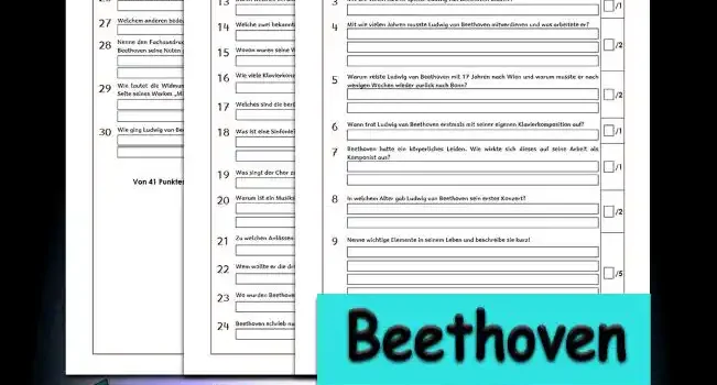 Klassenarbeit Beethoven 3./4.Klasse Musik - Kostenlos von Legakulie.info [KLASSENARBEIT] | Ludwig van Beethoven – Klassenarbeit (Master-Lösung für Lehrer) | 1. Wer war Ludwig van Beethoven? | Lösung: Er war ein deutscher Komponist der Epoche Klassik. | 2. Wann wurde Ludwig van Beethoven geboren? | Lösung: Er wurde am 17. Dezember 1770 in Bonn geboren. | 3. Mit wie vielen Jahren spielte Ludwig van Beethoven Klavier? | Lösung: Er spielte schon mit 4 Jahren Klavier. | 4. Mit wie vielen Jahren musste Ludwig van Beethoven mitverdienen und was arbeitete er? | Lösung: Er musste mit 12 Jahren mitverdienen, weil sein Vater die Familie in den Ruin getrieben hatte. Erst arbeitete er als Gehilfe seines Lehrers, des Hoforganisten, und später als kurfürstlicher Hilfsorganist. | 5. Warum reiste Ludwig van Beethoven mit 17 Jahren nach Wien und warum musste er nach wenigen Wochen wieder zurück nach Bonn? | Lösung: Er reiste nach Wien, um bei Wolfgang Amadeus Mozart zu studieren, und musste zurück, weil seine Mutter todkrank war. | 6. Wann trat Ludwig van Beethoven erstmals mit seiner eigenen Klavierkomposition auf? | Lösung: Das war 1795 in den Häusern der Adelsschicht. | 7. Beethoven hatte ein körperliches Leiden. Wie wirkte sich dieses auf seine Arbeit als Komponist aus? | Lösung: Er hörte immer schlechter, war schließlich völlig taub und er konnte seine eigene Musik nicht mehr hören. | 8. In welchem Alter gab Ludwig van Beethoven dein erstes Konzert? | Lösung: Sein erstes Konzert gab er mit 8 Jahren, jedoch wollte sein Vater ihn jünger machen und behauptete, er sei erst 6 Jahre alt. | 9. Nenne wichtige Elemente in seinem Leben und beschreibe sie kurz! | Lösung: Seine Mutter ist sehr früh gestorben, sein Vater war Alkoholiker und Beethoven musste Verantwortung für seine Geschwister übernehmen. Zudem prägten ihn seine Taubheit als tragisches Schicksal für einen Musiker, der Glaube an die Ideale der französischen Revolution als Verfechter der Menschenrechte, sein Mut und Stolz im Charakter sowie der Kampf gegen sein Schicksal und der Glaube an Gott, da er nicht aufgab, der erste selbstständige Künstler zu sein. | 10. Wo verbrachte Ludwig van Beethoven die meiste Zeit seines Lebens? | Lösung: Er verbrachte sie in Wien. | 11. Welcher bekannte Musiker unterrichtete Ludwig van Beethoven? | Lösung: Das war Joseph Haydn. | 12. Welches berühmte Werk schrieb Ludwig van Beethoven, als er taub war? | Lösung: Er schrieb die 9. Sinfonie. | 13. Durch welches berühmte europäische Lied kennen wir Ludwig van Beethoven? | Lösung: Durch das Lied „Ode an die Freude“, die Europahymne. | 14. Welche zwei bekannten Komponisten lernte er mit 22 Jahren in Wien kennen? | Lösung: Das waren Wolfgang Amadeus Mozart und Joseph Haydn. | 15. Wovon waren seine Werke am Anfang seines Schaffens geprägt? | Lösung: Sie waren von seinen Vorbildern Mozart und Haydn geprägt. | 16. Wie viele Klavierkonzerte hat Ludwig van Beethoven geschrieben? | Lösung: Das waren fünf. | 17. Welches sind die berühmtesten Kompositionen von Beethoven? | Lösung: Das sind die neun Sinfonien. | 18. Was ist eine Sinfonie? | Lösung: Eine Sinfonie ist ein längeres Musikstück, das von einem großen Orchester gespielt wird. | 19. Was singt der Chor zu Beethovens berühmtester Sinfonie und wer schrieb den Text dazu? | Lösung: Er singt „Freude schöner Götterfunken“ und den Text schrieb Friedrich Schiller. | 20. Warum ist ein Musikstück aus der neunten Sinfonie weltberühmt? | Lösung: Es ist weltberühmt, weil dem 4. Satz die seit 1985 gemeinsame Hymne für Europa und sie zur Europahymne erklärt wurde. | 21. Zu welchen Anlässen wird sie gespielt? | Lösung: Sie wird zu feierlichen Anlässen in Europa gespielt. | 22. Wem wollte er die dritte Sinfonie zuerst widmen? | Lösung: Er wollte sie zuerst Napoleon Bonaparte widmen. | 23. Wo wurden Beethovens 5. und 6. Symphonie 1808 öffentlich uraufgeführt? | Lösung: Sie wurden am Theater in Wien uraufgeführt. | 24. Beethoven schrieb nur eine einzige Oper. Wie heißt sie? | Lösung: Es ist "Fidelio", die er als "Rettungs- und Befreiungsoper" andachte. | 25. Was ist eine „Ouvertüre“ und worauf schrieb Ludwig van Beethoven die Ouvertüre zu „Fidelio“? | Lösung: Eine Ouvertüre ist die Einleitung der Oper. Die Ouvertüre zu „Fidelio“ schrieb er auf eine Speisekarte. | 26. Wie nennt man die Konzerte, die Ludwig van Beethoven veranstaltete? | Lösung: Man nennt sie „Akademien“. | 27. Welchem anderen bedeutenden Komponisten spielte Beethoven damals ein Stück vor? | Lösung: Er spielte Wolfgang Amadeus Mozart vor. | 28. Nenne den Fachausdruck für das Notenschreiben! Mit welchem Werkzeug hat Ludwig van Beethoven seine Noten geschrieben? | Lösung: Der Fachausdruck ist „komponieren“ und Beethoven schrieb seine Noten mit einem Federkiel. | 29. Wie lautet die Widmung für Erzherzog Rudolf, die Ludwig van Beethoven auf die erste Seite seines Werkes „Missa Solemnis“ schrieb? | Lösung: Sie lautet „Von Herzen - möge es wieder zu Herzen gehen.“ | 30. Wie ging Ludwig van Beethoven mit seiner Taubheit um? | Lösung: Er zog sich immer mehr zurück, dirigierte seine eigenen Kompositionen und komponierte weiterhin, denn seine Töne hatte er im Kopf.