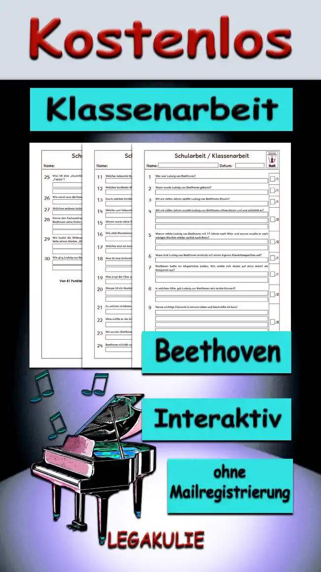 Klassenarbeit Beethoven 3./4.Klasse Musik - Kostenlos von Legakulie.info [KLASSENARBEIT] | Ludwig van Beethoven – Klassenarbeit (Master-Lösung für Lehrer) | 1. Wer war Ludwig van Beethoven? | Lösung: Er war ein deutscher Komponist der Epoche Klassik. | 2. Wann wurde Ludwig van Beethoven geboren? | Lösung: Er wurde am 17. Dezember 1770 in Bonn geboren. | 3. Mit wie vielen Jahren spielte Ludwig van Beethoven Klavier? | Lösung: Er spielte schon mit 4 Jahren Klavier. | 4. Mit wie vielen Jahren musste Ludwig van Beethoven mitverdienen und was arbeitete er? | Lösung: Er musste mit 12 Jahren mitverdienen, weil sein Vater die Familie in den Ruin getrieben hatte. Erst arbeitete er als Gehilfe seines Lehrers, des Hoforganisten, und später als kurfürstlicher Hilfsorganist. | 5. Warum reiste Ludwig van Beethoven mit 17 Jahren nach Wien und warum musste er nach wenigen Wochen wieder zurück nach Bonn? | Lösung: Er reiste nach Wien, um bei Wolfgang Amadeus Mozart zu studieren, und musste zurück, weil seine Mutter todkrank war. | 6. Wann trat Ludwig van Beethoven erstmals mit seiner eigenen Klavierkomposition auf? | Lösung: Das war 1795 in den Häusern der Adelsschicht. | 7. Beethoven hatte ein körperliches Leiden. Wie wirkte sich dieses auf seine Arbeit als Komponist aus? | Lösung: Er hörte immer schlechter, war schließlich völlig taub und er konnte seine eigene Musik nicht mehr hören. | 8. In welchem Alter gab Ludwig van Beethoven dein erstes Konzert? | Lösung: Sein erstes Konzert gab er mit 8 Jahren, jedoch wollte sein Vater ihn jünger machen und behauptete, er sei erst 6 Jahre alt. | 9. Nenne wichtige Elemente in seinem Leben und beschreibe sie kurz! | Lösung: Seine Mutter ist sehr früh gestorben, sein Vater war Alkoholiker und Beethoven musste Verantwortung für seine Geschwister übernehmen. Zudem prägten ihn seine Taubheit als tragisches Schicksal für einen Musiker, der Glaube an die Ideale der französischen Revolution als Verfechter der Menschenrechte, sein Mut und Stolz im Charakter sowie der Kampf gegen sein Schicksal und der Glaube an Gott, da er nicht aufgab, der erste selbstständige Künstler zu sein. | 10. Wo verbrachte Ludwig van Beethoven die meiste Zeit seines Lebens? | Lösung: Er verbrachte sie in Wien. | 11. Welcher bekannte Musiker unterrichtete Ludwig van Beethoven? | Lösung: Das war Joseph Haydn. | 12. Welches berühmte Werk schrieb Ludwig van Beethoven, als er taub war? | Lösung: Er schrieb die 9. Sinfonie. | 13. Durch welches berühmte europäische Lied kennen wir Ludwig van Beethoven? | Lösung: Durch das Lied „Ode an die Freude“, die Europahymne. | 14. Welche zwei bekannten Komponisten lernte er mit 22 Jahren in Wien kennen? | Lösung: Das waren Wolfgang Amadeus Mozart und Joseph Haydn. | 15. Wovon waren seine Werke am Anfang seines Schaffens geprägt? | Lösung: Sie waren von seinen Vorbildern Mozart und Haydn geprägt. | 16. Wie viele Klavierkonzerte hat Ludwig van Beethoven geschrieben? | Lösung: Das waren fünf. | 17. Welches sind die berühmtesten Kompositionen von Beethoven? | Lösung: Das sind die neun Sinfonien. | 18. Was ist eine Sinfonie? | Lösung: Eine Sinfonie ist ein längeres Musikstück, das von einem großen Orchester gespielt wird. | 19. Was singt der Chor zu Beethovens berühmtester Sinfonie und wer schrieb den Text dazu? | Lösung: Er singt „Freude schöner Götterfunken“ und den Text schrieb Friedrich Schiller. | 20. Warum ist ein Musikstück aus der neunten Sinfonie weltberühmt? | Lösung: Es ist weltberühmt, weil dem 4. Satz die seit 1985 gemeinsame Hymne für Europa und sie zur Europahymne erklärt wurde. | 21. Zu welchen Anlässen wird sie gespielt? | Lösung: Sie wird zu feierlichen Anlässen in Europa gespielt. | 22. Wem wollte er die dritte Sinfonie zuerst widmen? | Lösung: Er wollte sie zuerst Napoleon Bonaparte widmen. | 23. Wo wurden Beethovens 5. und 6. Symphonie 1808 öffentlich uraufgeführt? | Lösung: Sie wurden am Theater in Wien uraufgeführt. | 24. Beethoven schrieb nur eine einzige Oper. Wie heißt sie? | Lösung: Es ist "Fidelio", die er als "Rettungs- und Befreiungsoper" andachte. | 25. Was ist eine „Ouvertüre“ und worauf schrieb Ludwig van Beethoven die Ouvertüre zu „Fidelio“? | Lösung: Eine Ouvertüre ist die Einleitung der Oper. Die Ouvertüre zu „Fidelio“ schrieb er auf eine Speisekarte. | 26. Wie nennt man die Konzerte, die Ludwig van Beethoven veranstaltete? | Lösung: Man nennt sie „Akademien“. | 27. Welchem anderen bedeutenden Komponisten spielte Beethoven damals ein Stück vor? | Lösung: Er spielte Wolfgang Amadeus Mozart vor. | 28. Nenne den Fachausdruck für das Notenschreiben! Mit welchem Werkzeug hat Ludwig van Beethoven seine Noten geschrieben? | Lösung: Der Fachausdruck ist „komponieren“ und Beethoven schrieb seine Noten mit einem Federkiel. | 29. Wie lautet die Widmung für Erzherzog Rudolf, die Ludwig van Beethoven auf die erste Seite seines Werkes „Missa Solemnis“ schrieb? | Lösung: Sie lautet „Von Herzen - möge es wieder zu Herzen gehen.“ | 30. Wie ging Ludwig van Beethoven mit seiner Taubheit um? | Lösung: Er zog sich immer mehr zurück, dirigierte seine eigenen Kompositionen und komponierte weiterhin, denn seine Töne hatte er im Kopf.