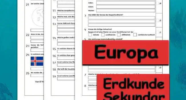 Klassenarbeit Europa Erdkunde - Kostenlos von Legakulie.info. [KLASSENARBEIT] | Europa – Kostenlose Klassenarbeit und Lernzielkontrolle zur Geographie und den Ländern auf Legakulie.info | 1. Wie viele Länder hat der Kontinent Europa? | 2. Nenne die exakten geographischen Abgrenzungen Europas in alle vier Himmelsrichtungen! | 3. Was bildet die natürliche Grenze des Doppelkontinents Eurasien? | 4. Wie groß ist die ungefähre Fläche des europäischen Kontinents? | 5. In welche drei großen Großlandschaften wird Europa landschaftsmäßig unterteilt? | 6. Wie heißen die bekannten Zwergstaaten Europas? | 7. Welche europäischen Länder haben exakt den gleichen Namen wie ihre Hauptstädte? | 8. Welches Land liegt auf dem europäischen Festland am weitesten westlich? | 9. Welche europäischen Länder grenzen nicht an das Mittelmeer? | 10. Welche Staaten gehörten zum ehemaligen Staatenbund Jugoslawien? | 11. Welches europäische Land ist flächenmäßig der größte Inselstaat? | 12. Welche europäische Insel wird im Volksmund auch die grüne Insel genannt? | 13. Nenne bekannte Halbinseln des europäischen Kontinents! | 14. Welche großen Inseln liegen im Nordatlantik nördlich von Großbritannien? | 15. An welchen beiden Meeren hat Deutschland einen direkten Küstenanteil? | 16. An welches große Meer grenzen die südeuropäischen Länder Italien und Spanien? | 17. Durch welchen großen See im Alpenvorland fließt der Rhein? | 18. Wie heißt die Hauptstadt Frankreichs und an welchem Fluss liegt sie? | 19. Durch welches Land fließt der längste Fluss Europas und wie heißt dieser? | 20. In welchen Ländern der europäischen Gemeinschaft kann man offiziell mit dem Euro bezahlen? | 21. Um welche Länder handelt es sich bei den abgebildeten geographischen Umrissen? | 22. Wann wird der jährliche Europatag gefeiert und an welches historische Ereignis erinnert er? | 23. Nenne die fünf wichtigen Einrichtungen, die die Politik der Europäischen Union gestalten! | 24. Zu welchen europäischen Ländern gehören die abgebildeten Flaggen? | 25. In welchem europäischen Land wurden die Olympischen Spiele der Antike erfunden?